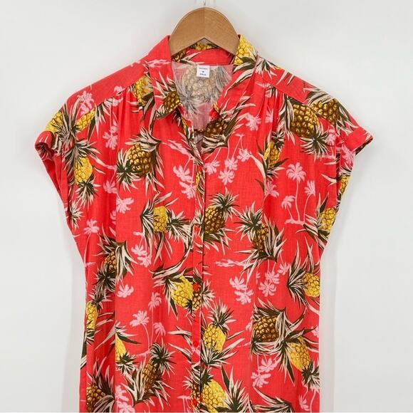 Old navy shirt dress women's M coral linen pineapple print short sleeve tropical - Picture 3 of 8